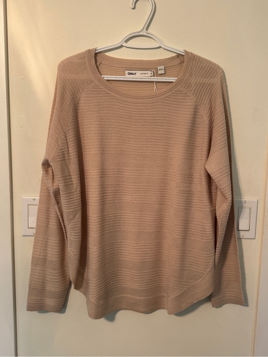 Only Sweaters - ONLY Beige Crewneck Rib-Striped Knit Sweater